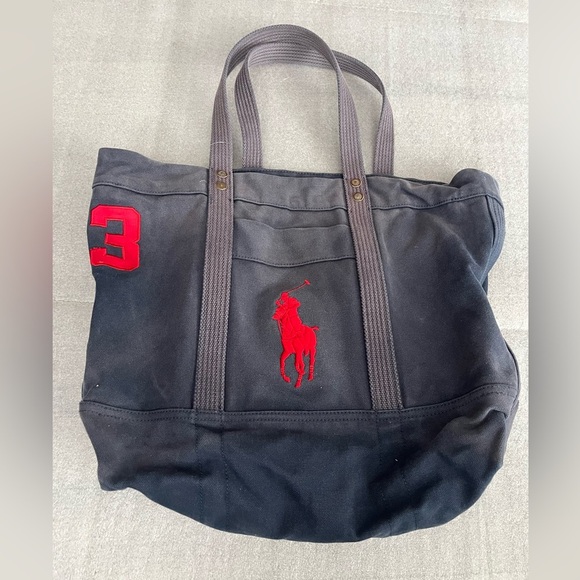 VTG Polo Ralph Lauren Big Pony Embroidered Logo Blue Canvas Tote - Picture 1 of 6